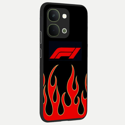 Fire F11 Glass Case upright view showcasing dynamic flame artwork with intense visual theme.