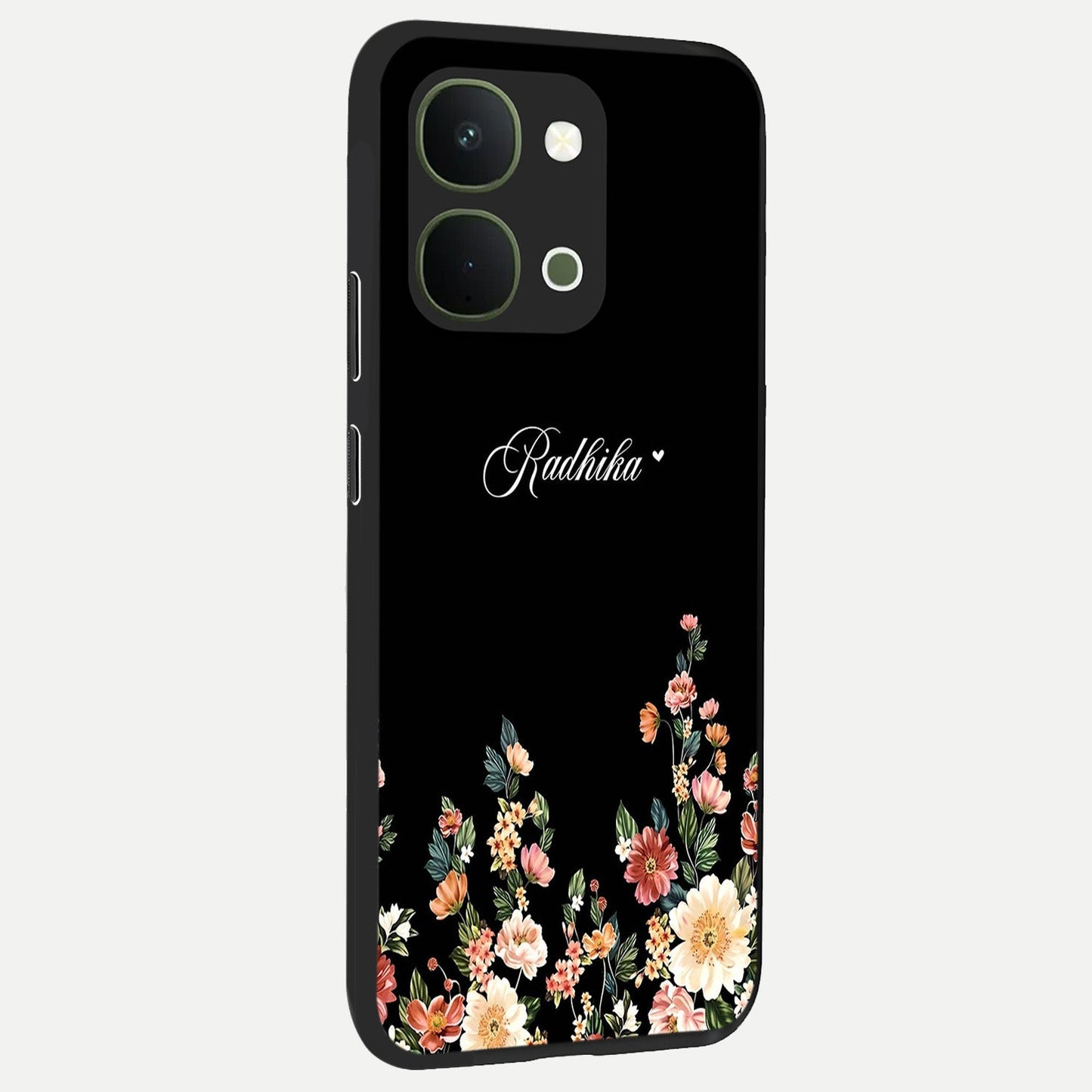 Floral Design With a Custom Personalized Name Glass Case upright view showcasing delicate floral artwork with personalized aesthetic style.