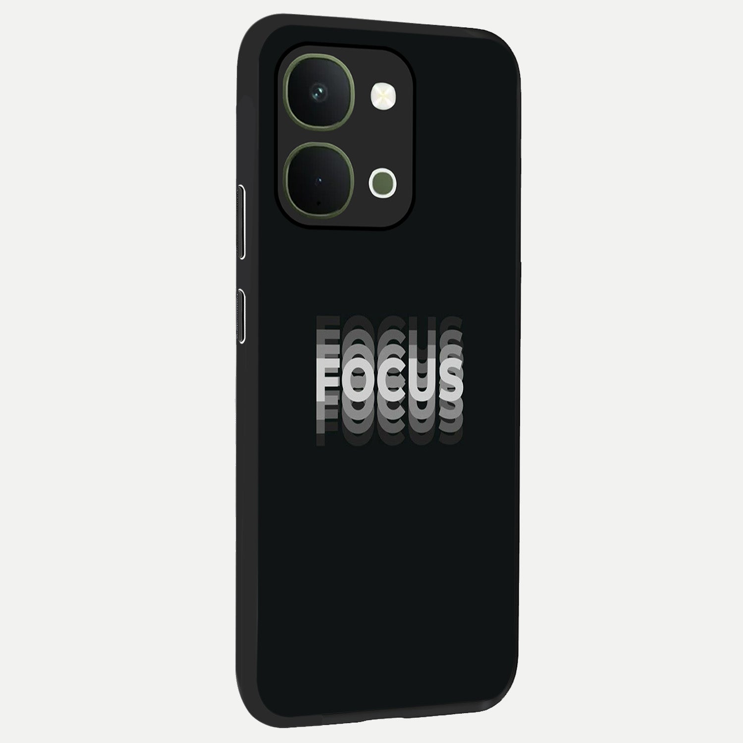 Focus Mode On Glass Case upright view showcasing strong typography statement with sleek motivational theme.