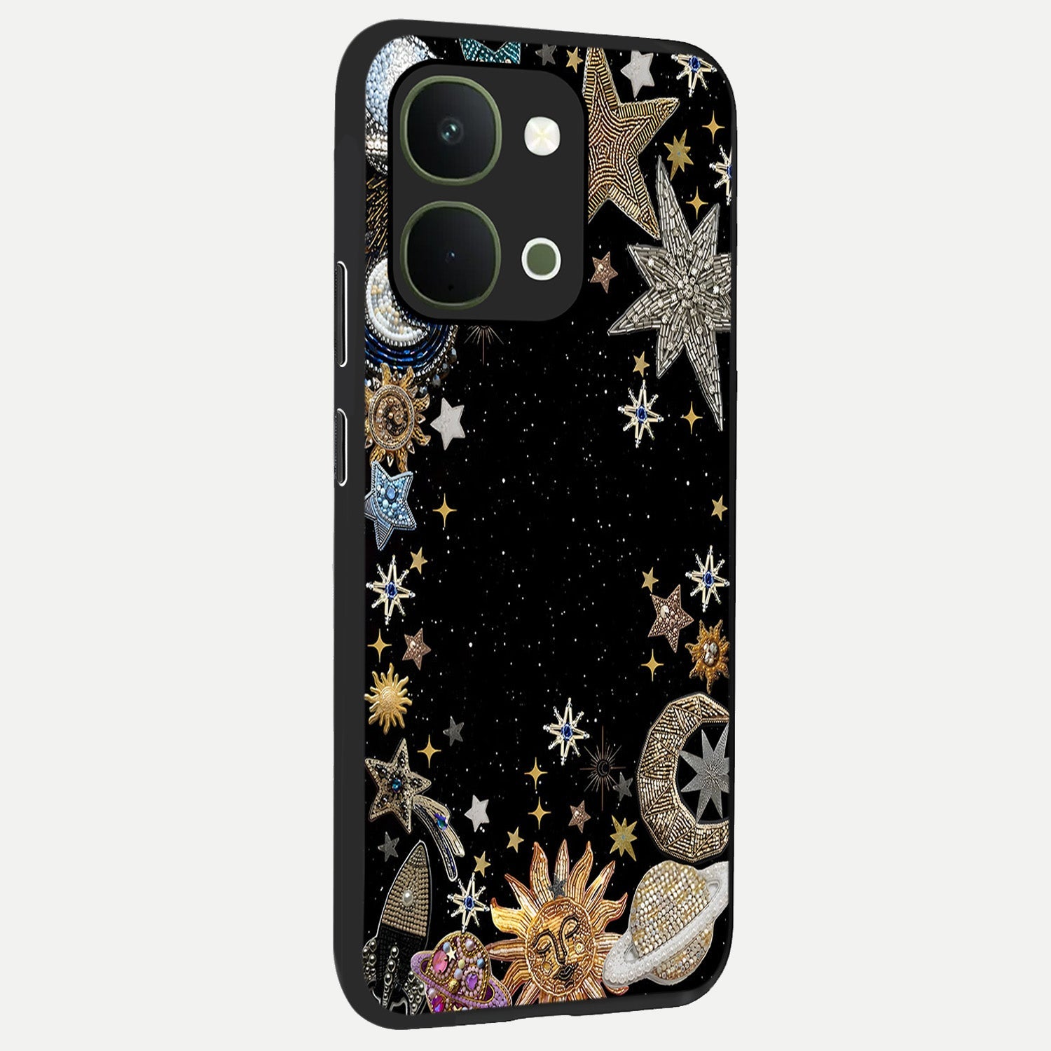 Galactic Jewel Stars Glass Case upright view showcasing glittering star jewel artwork with vibrant galaxy theme.