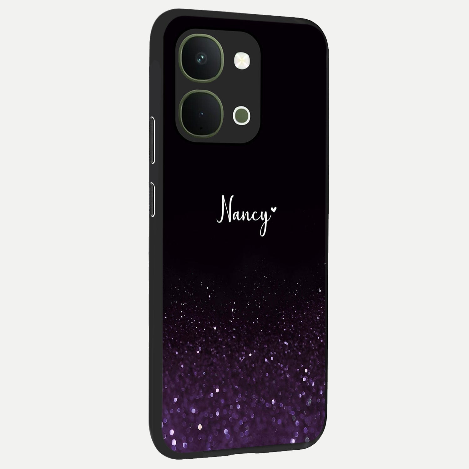 Glittery Purple Bokeh Custom Name Glass Case upright view showcasing vibrant purple sparkle artwork with personalized aesthetic style.