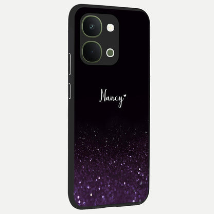 Glittery Purple Bokeh Custom Name Glass Case upright view showcasing vibrant purple sparkle artwork with personalized aesthetic style.