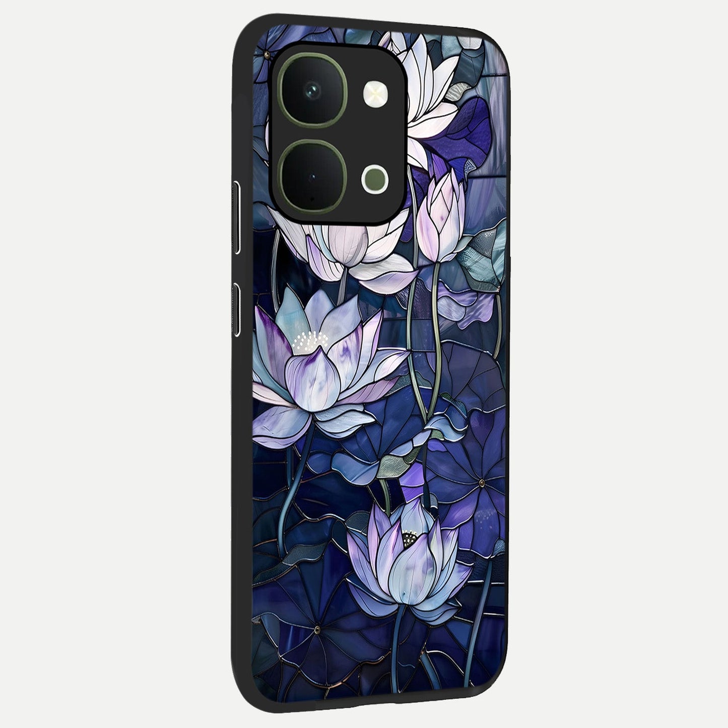 Gloss Petal Rush Glass Case upright view showcasing dynamic floral petal artwork with modern botanical theme.