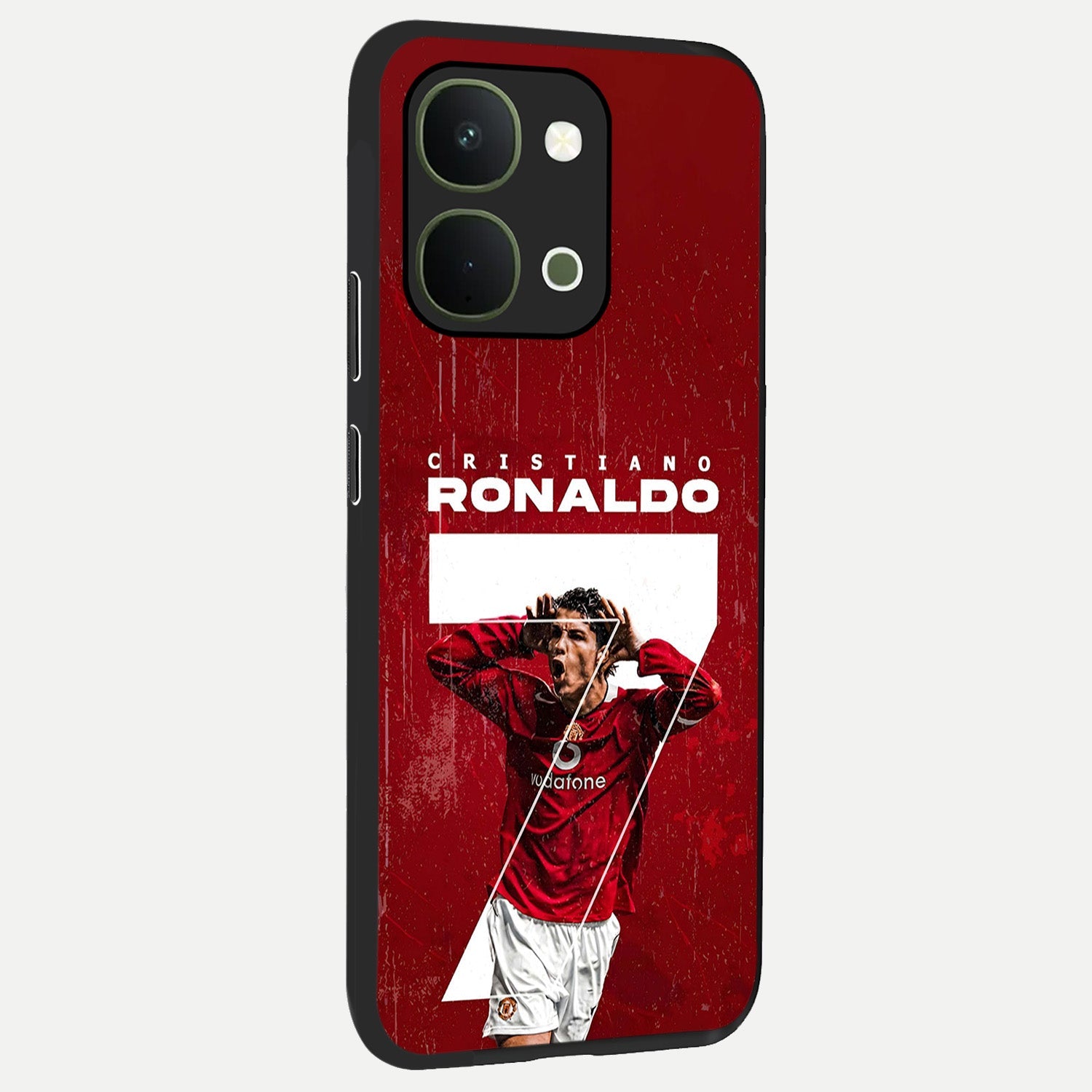 Goal Celebration Legacy Glass Case upright view showcasing dynamic football inspired artwork with victory celebration aesthetic.