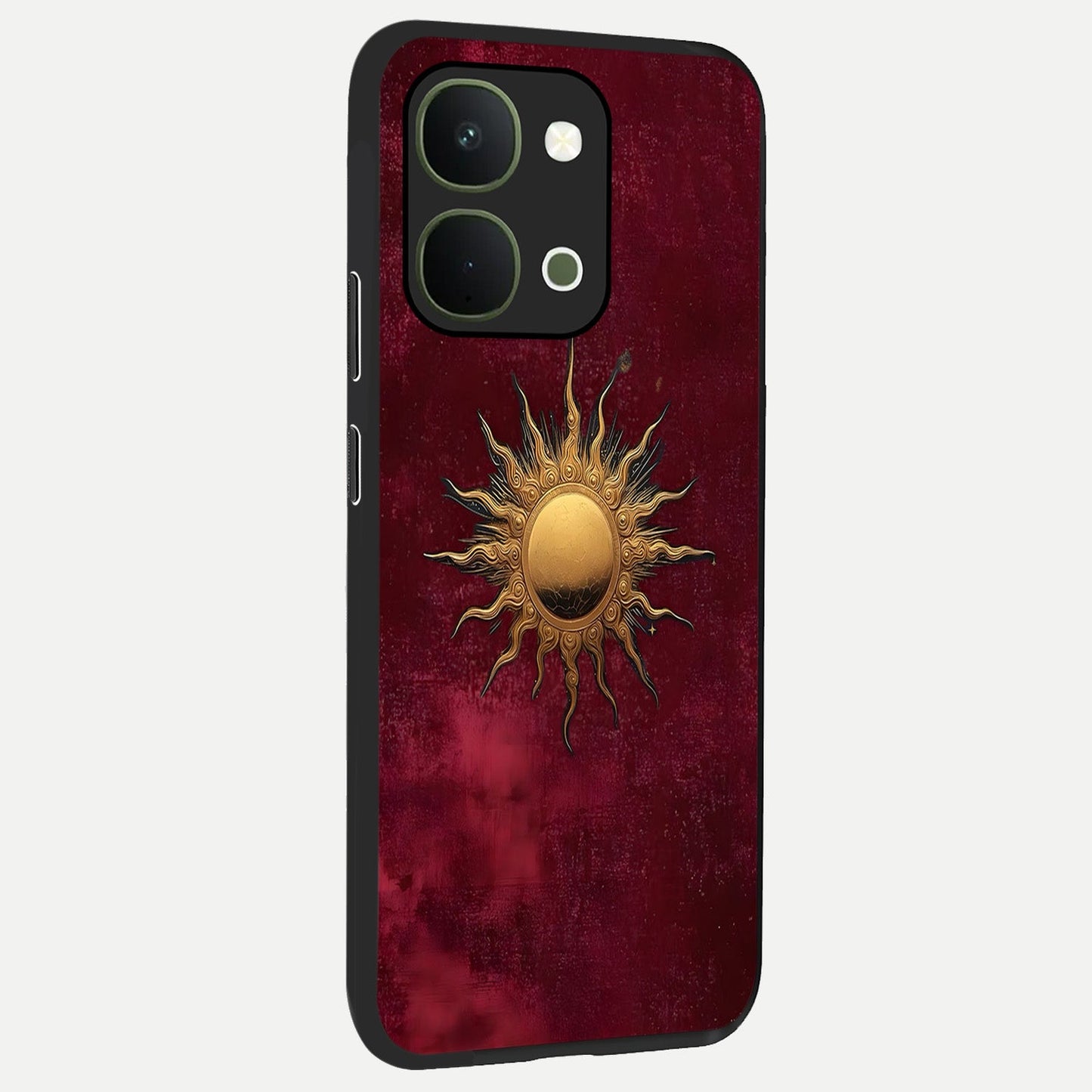 Golden Sun Minimalism Glass Case upright view showcasing simple golden sun artwork with elegant minimalist style.