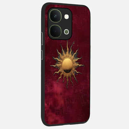 Golden Sun Minimalism Glass Case upright view showcasing simple golden sun artwork with elegant minimalist style.