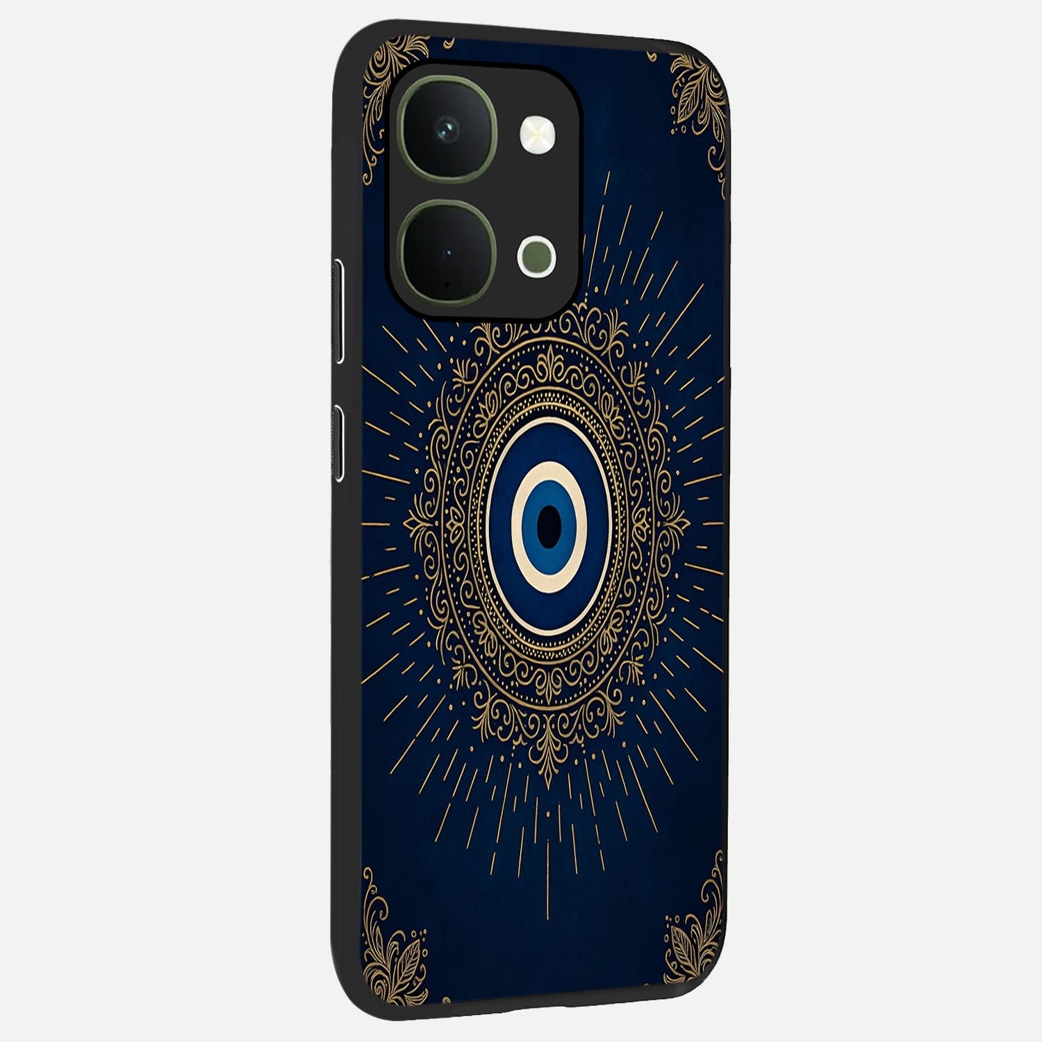Golden Celestial Charm Glass Case upright view showcasing radiant celestial artwork with elegant golden theme.