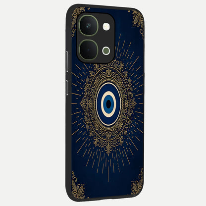 Golden Celestial Charm Glass Case upright view showcasing radiant celestial artwork with elegant golden theme.