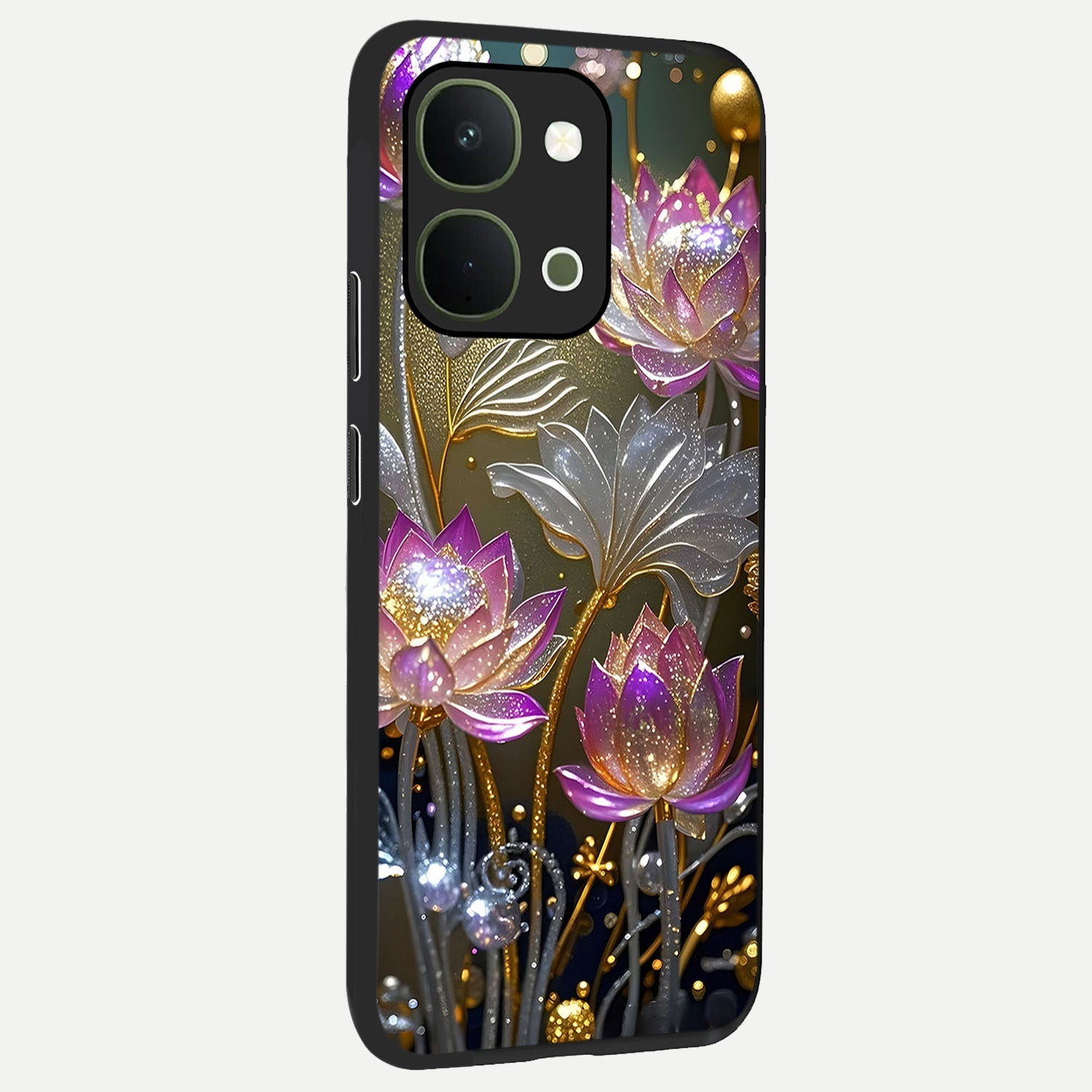 Golden Floral Majesty Glass Case upright view showcasing majestic floral artwork with rich decorative theme.