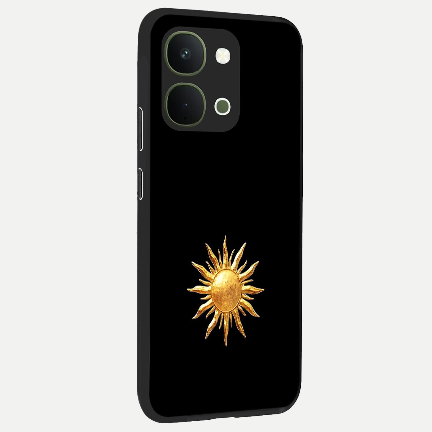 Golden Sun Minimalism Glass Case upright view showcasing haunting graveyard artwork with dramatic dark theme.