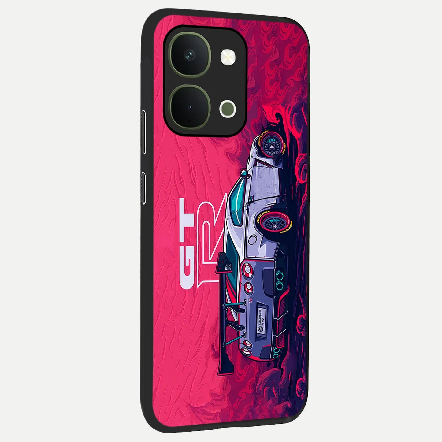GT-R Car Pattern Glass Case upright view showcasing dynamic car pattern artwork with modern sports theme.