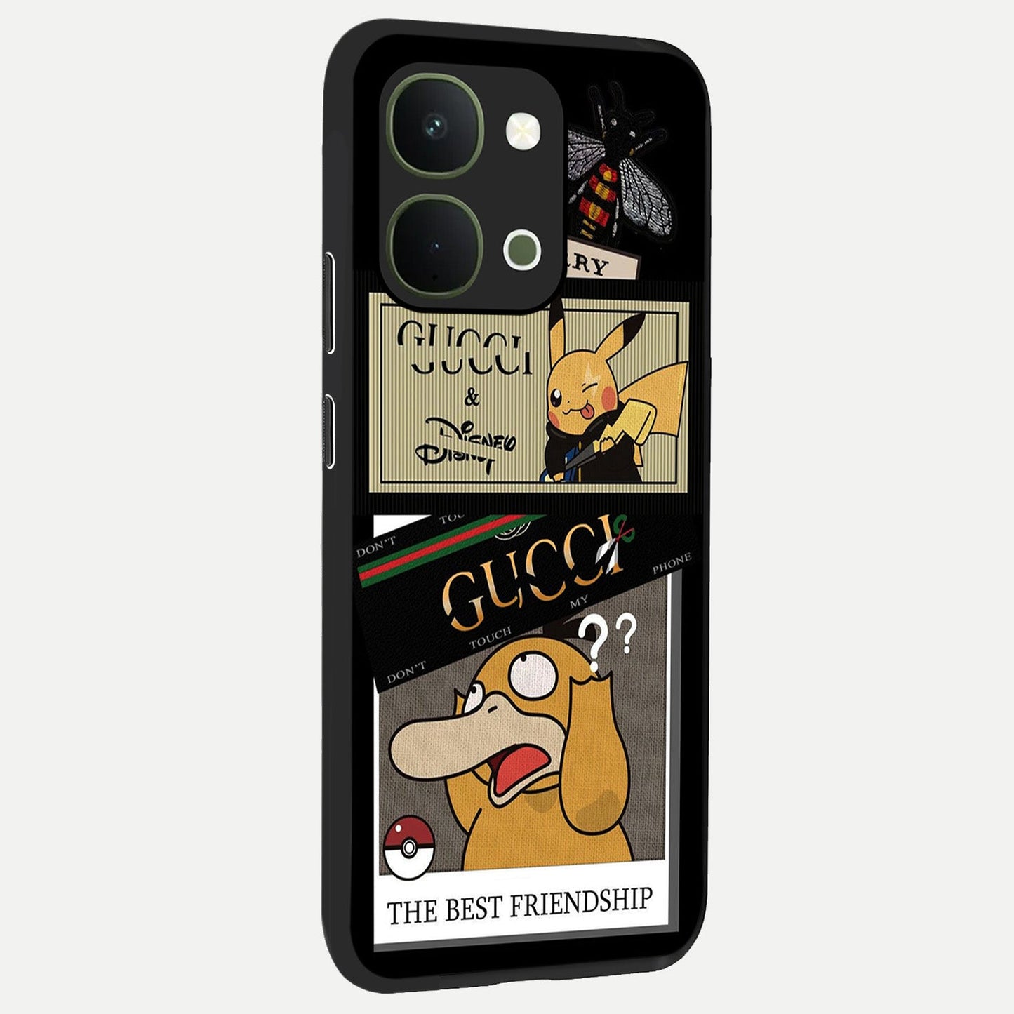 Gucci Play Mashup Glass Case upright view showcasing trendy luxury inspired artwork with modern fashion theme.