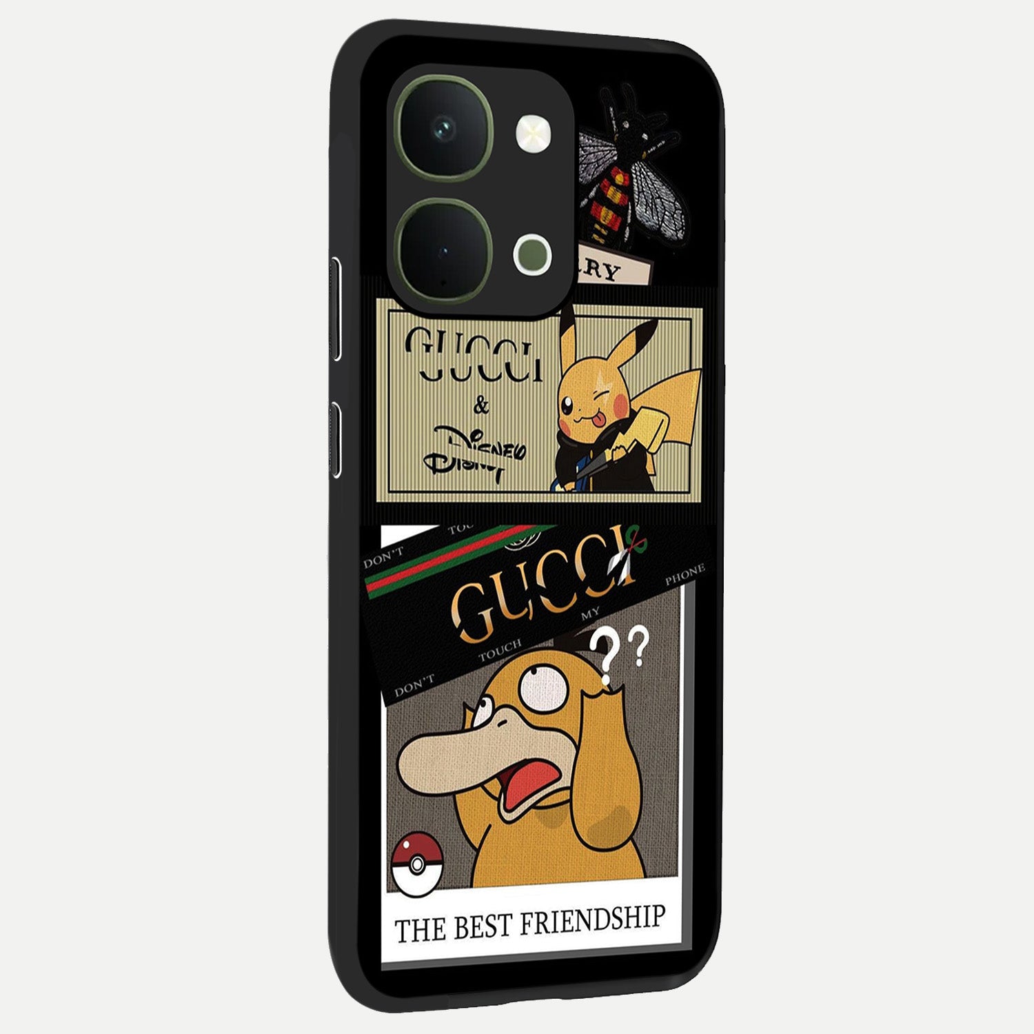 Gucci Play Mashup Glass Case upright view showcasing trendy luxury inspired artwork with modern fashion theme.