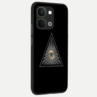 Illuminati Evil Glass Case upright view showcasing striking illuminati artwork with mysterious symbolic theme.