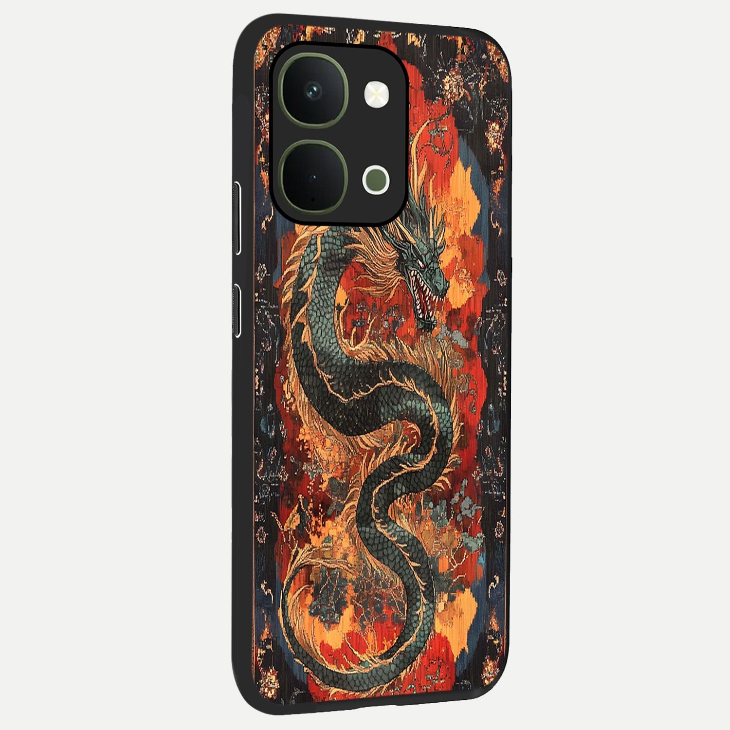 Inferno Dragon Soul Glass Case upright view showcasing intense dragon artwork with fantasy fire theme.