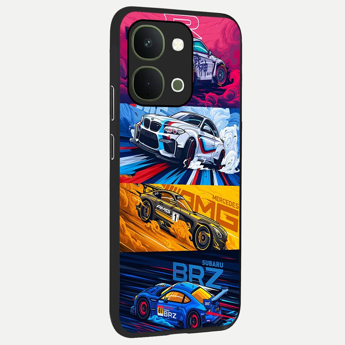 JDM Sports Car Glass Case upright view showcasing dynamic sports car artwork with bold racing theme.