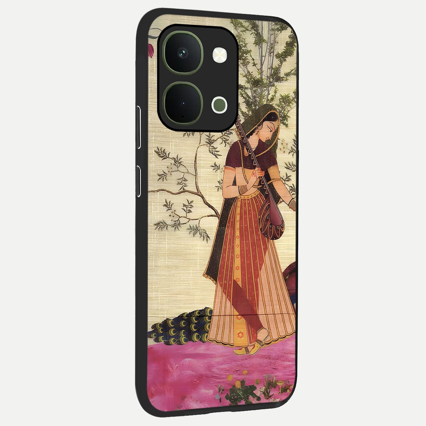 Lady With Veena Art Glass Case upright view showcasing classical veena artwork with traditional artistic theme.