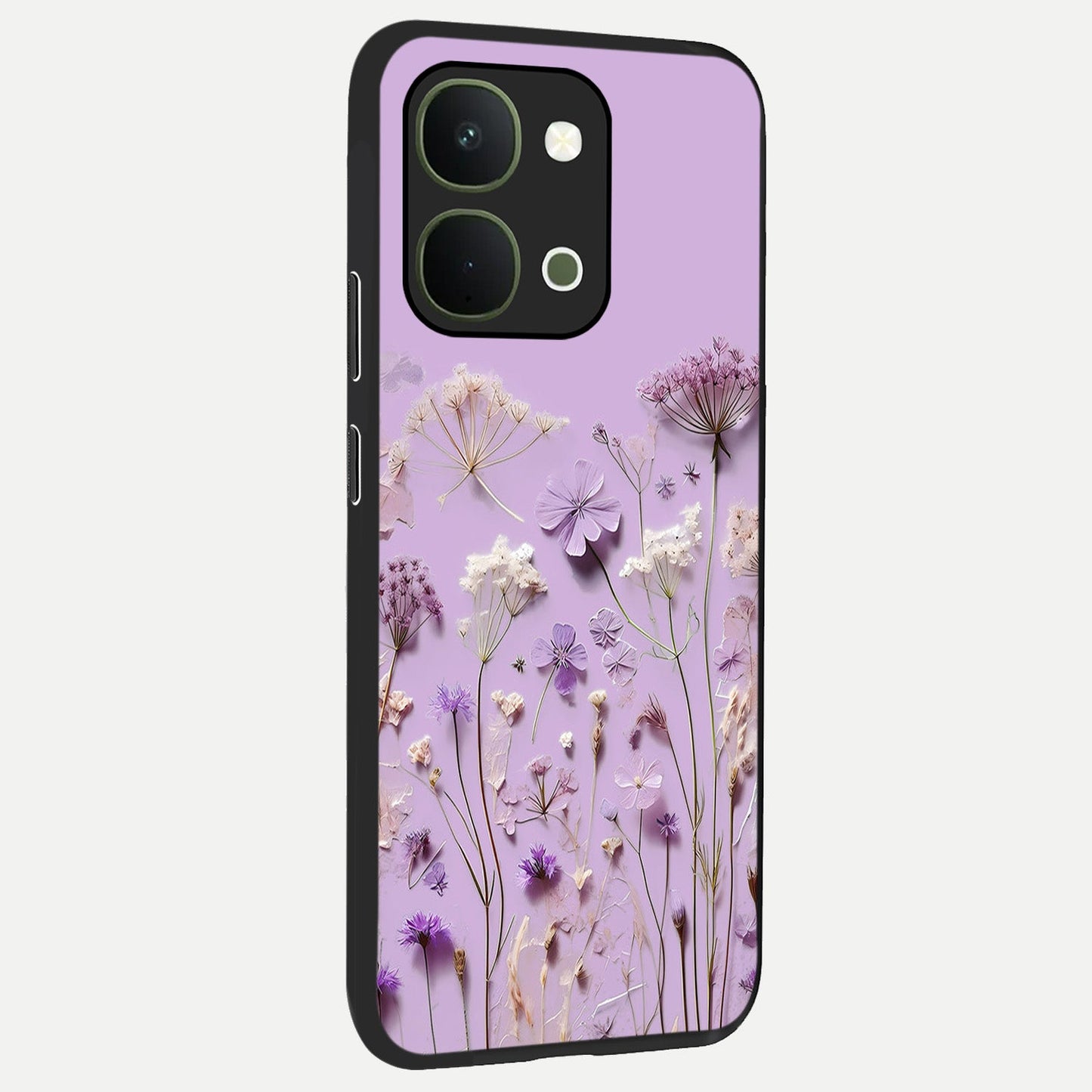 Lavender Blossom Dream Glass Case upright view showcasing delicate lavender blossom artwork with peaceful floral theme.
