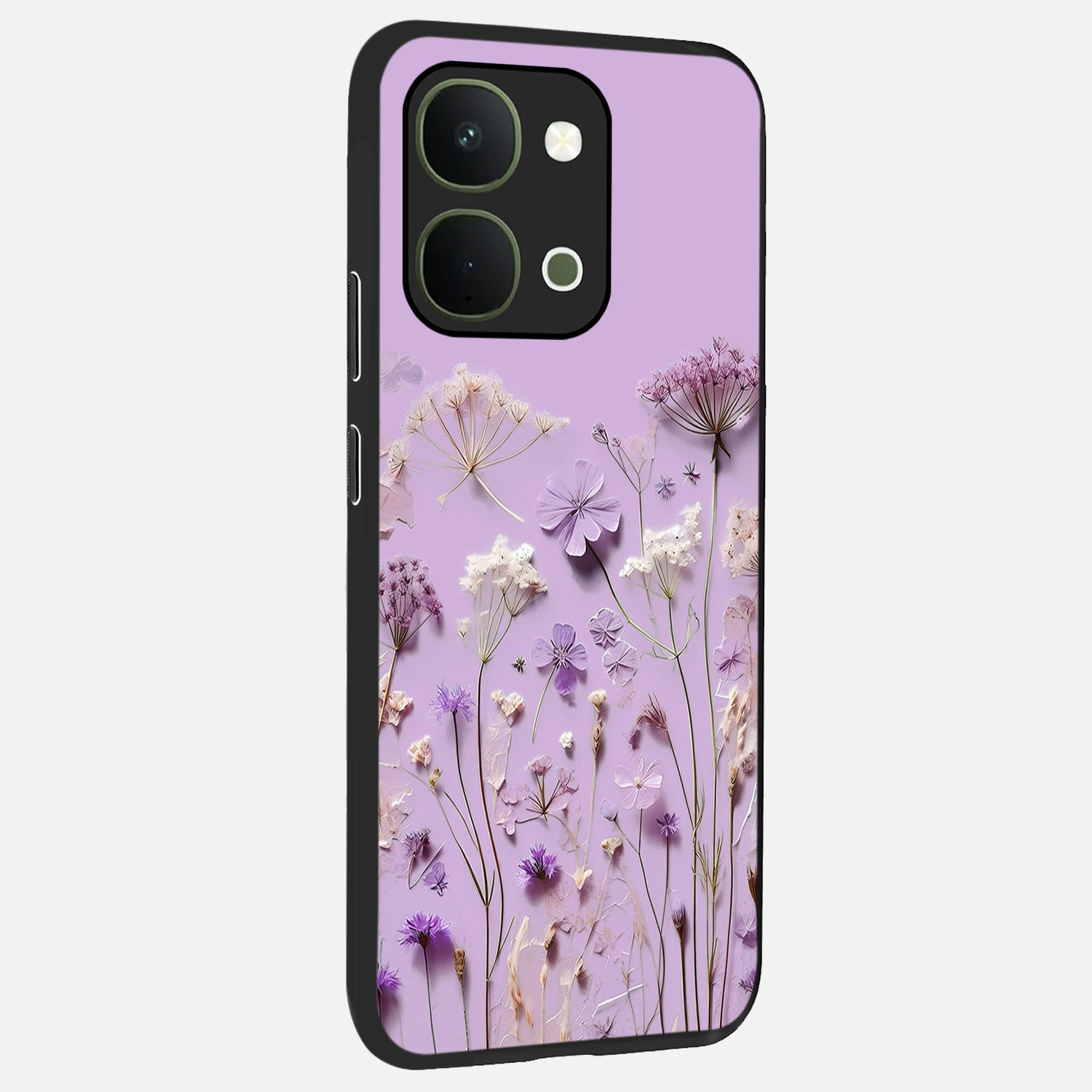 Lavender Blossom Dream Glass Case upright view showcasing delicate lavender blossom artwork with peaceful floral theme.