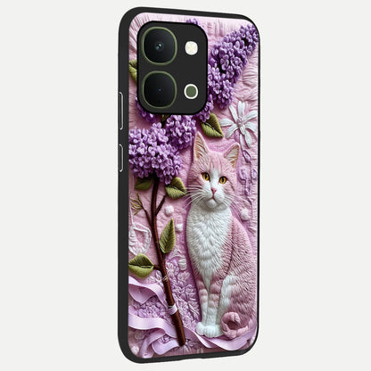 Lavender Cat Whimsy Glass Case upright view showcasing charming cat artwork with whimsical lavender theme.