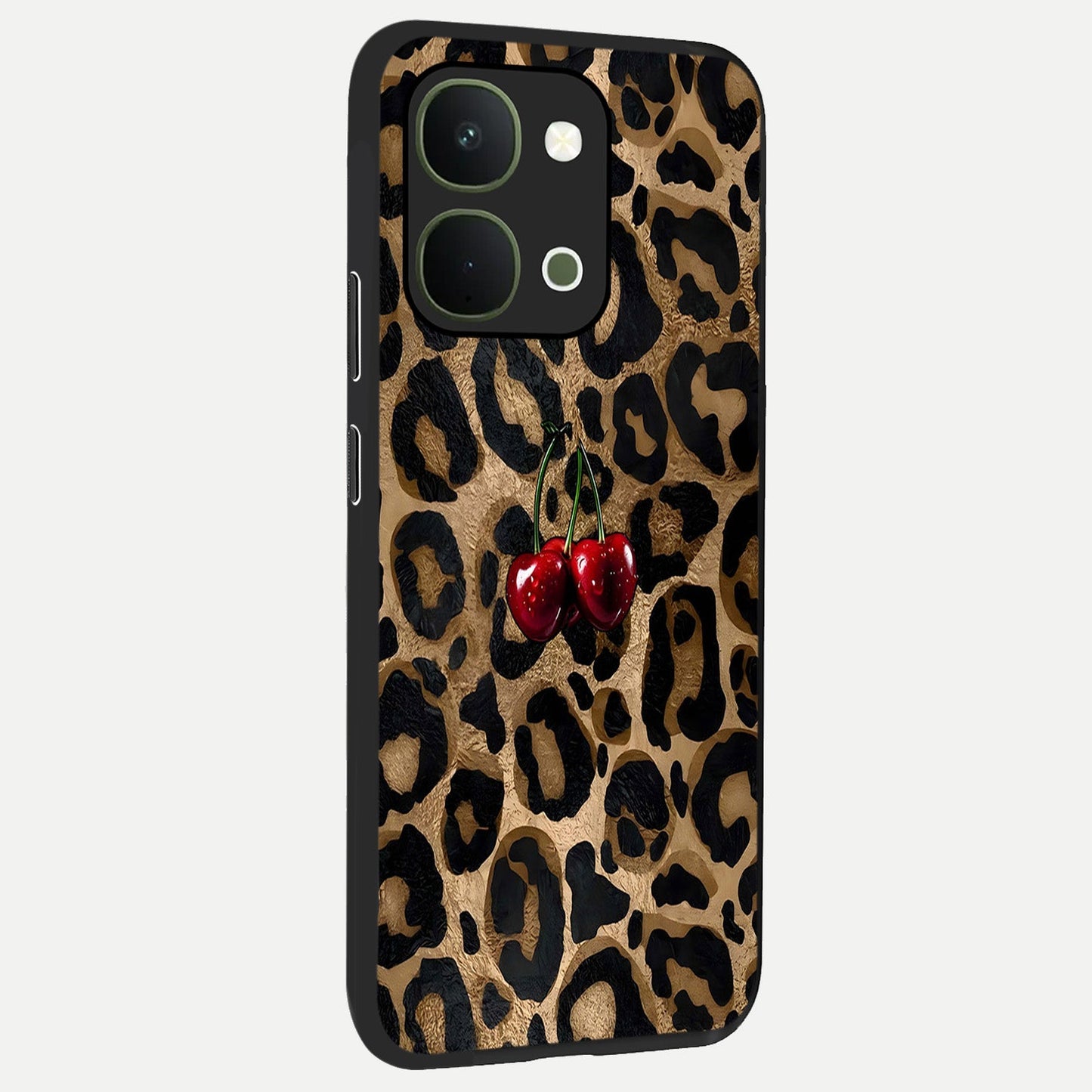 Leopard Wild Cherry Glass Case upright view showcasing stylish leopard pattern artwork with trendy fashion theme.