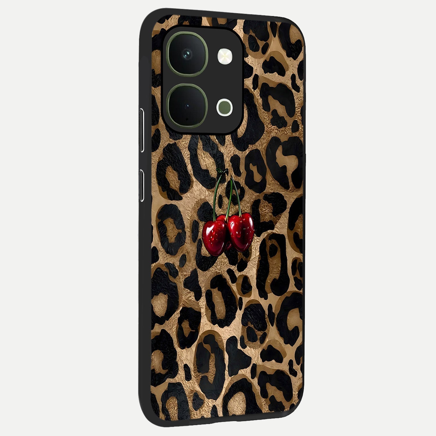 Leopard Wild Cherry Glass Case upright view showcasing stylish leopard pattern artwork with trendy fashion theme.