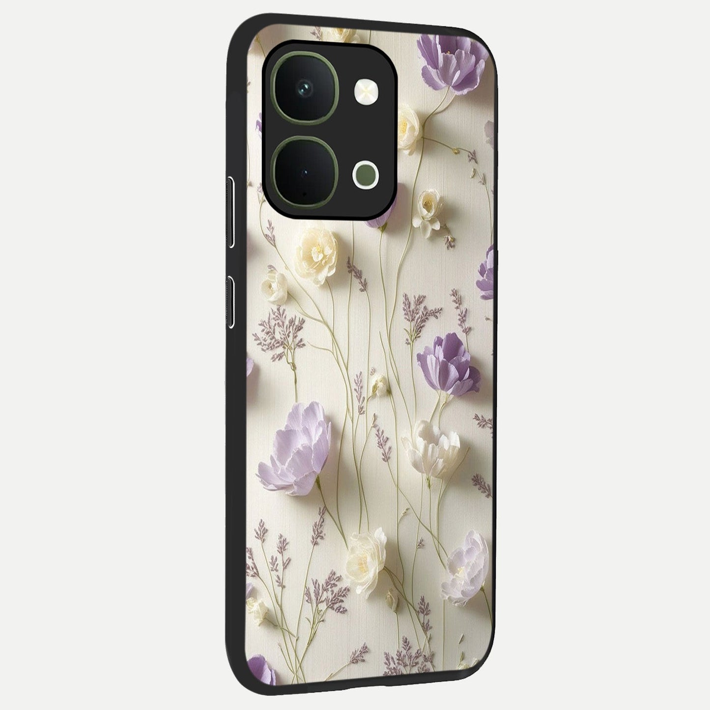 Lilac Breeze Harmony Glass Case upright view showcasing delicate lilac artwork with peaceful floral theme.