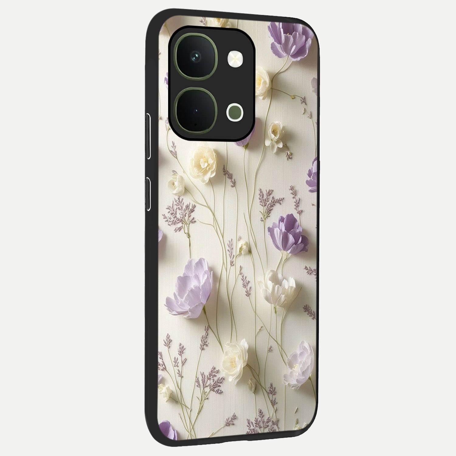 Lilac Breeze Harmony Glass Case upright view showcasing delicate lilac artwork with peaceful floral theme.