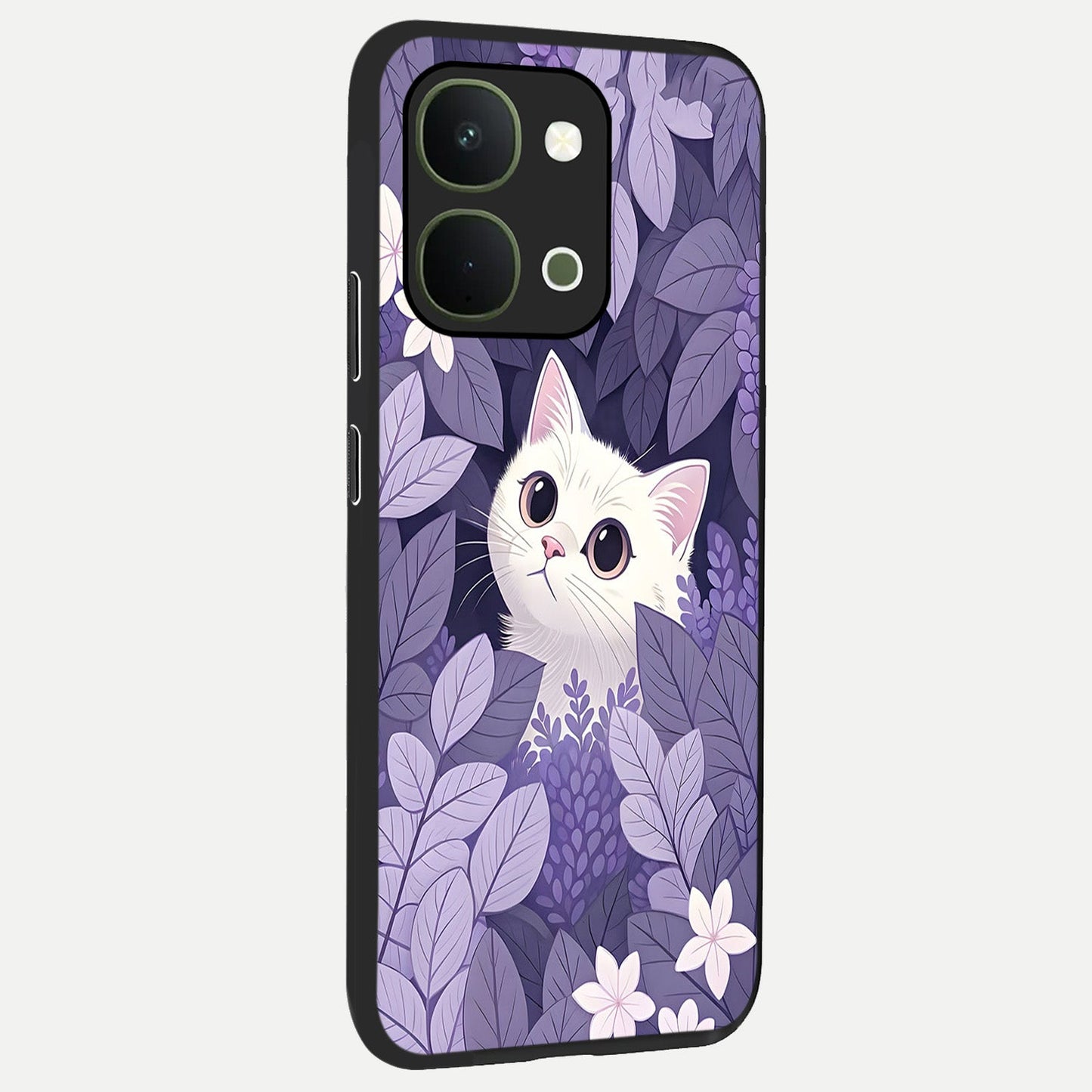 Lilac Hide Peek Cat Glass Case upright view showcasing charming cat artwork with adorable peek theme.