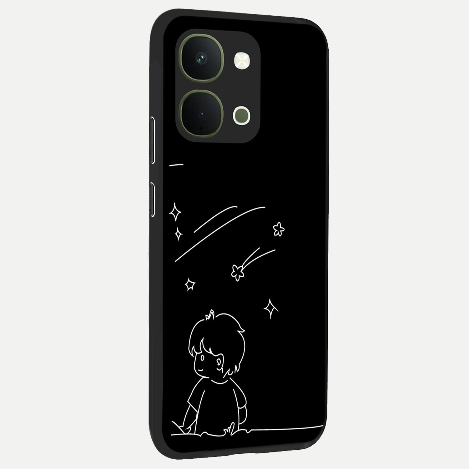 Line Art Boy With Shooting Stars Glass Case upright view showcasing artistic shooting star illustration with minimal style.