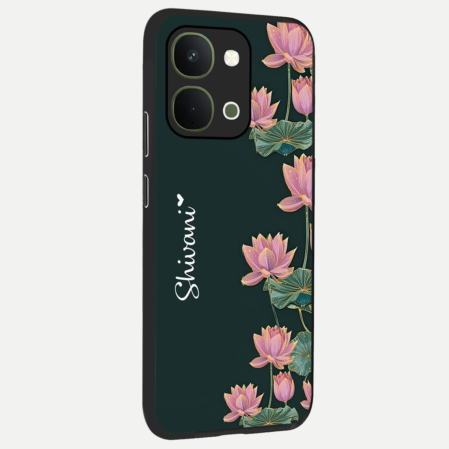 Lotus Bloom Serenity Custom Name Glass Case upright view showcasing serene lotus bloom artwork with personalized floral aesthetic.