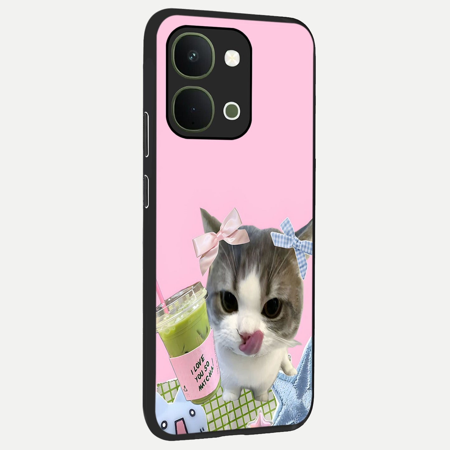 Love Matcha Cat Glass Case upright view showcasing adorable cat artwork with charming matcha themed design.