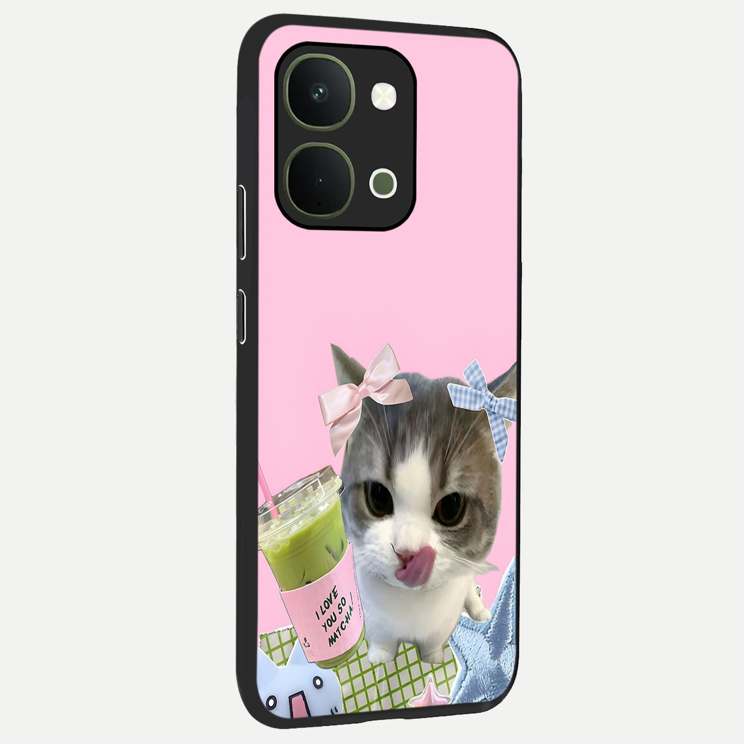 Love Matcha Cat Glass Case upright view showcasing adorable cat artwork with charming matcha themed design.