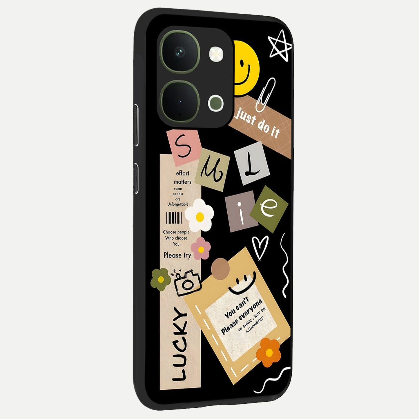 Lucky Aesthetic Collage Glass Case upright view showcasing vibrant collage artwork with youthful aesthetic theme.