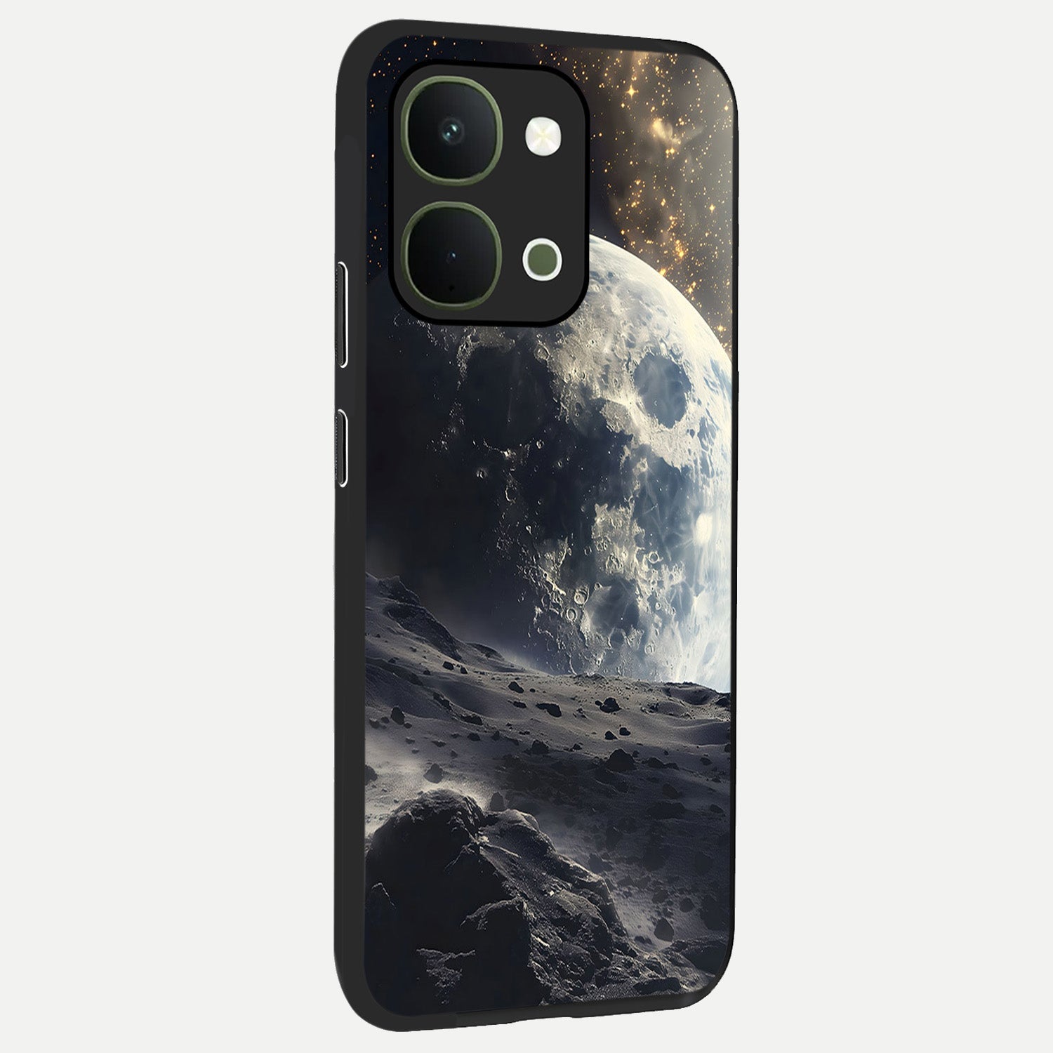 Lunar Horizon Glow Glass Case upright view showcasing radiant lunar artwork with calm cosmic theme.