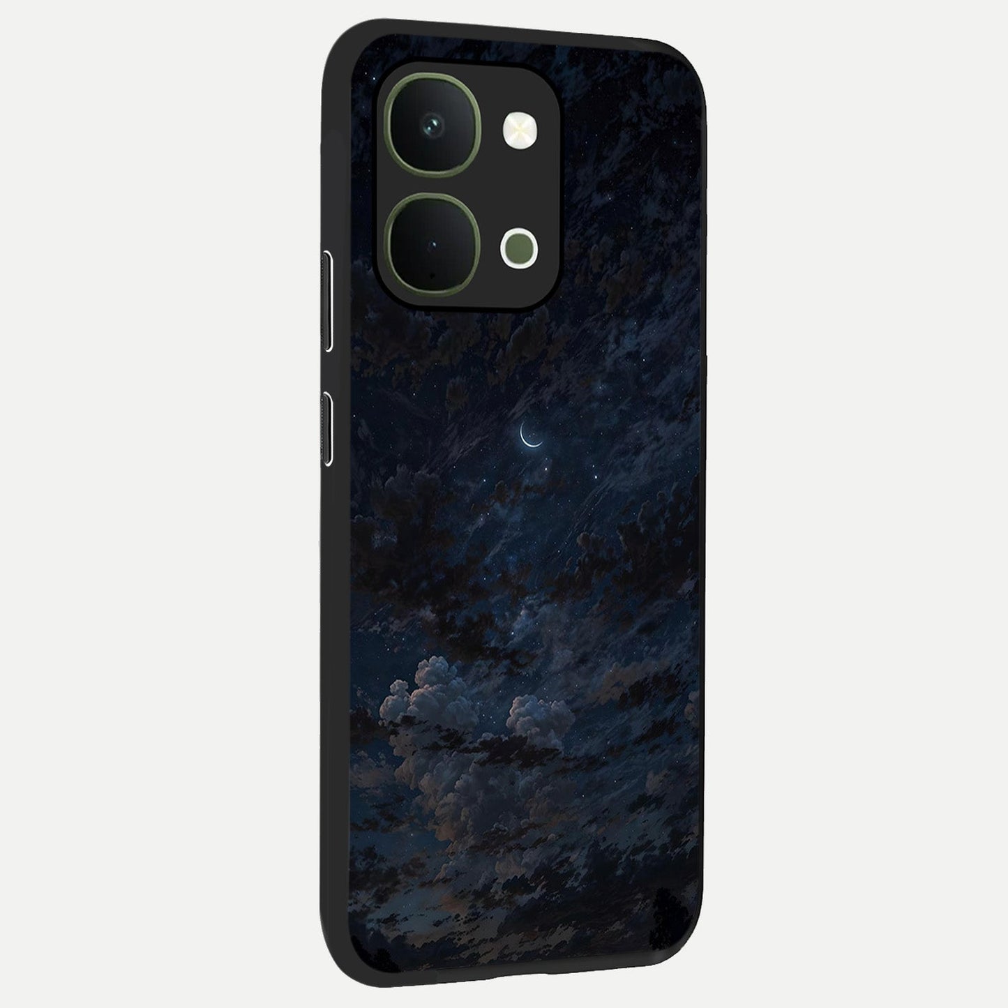 Lunar Veil Silence Glass Case upright view showcasing calm moon themed artwork with serene night atmosphere.