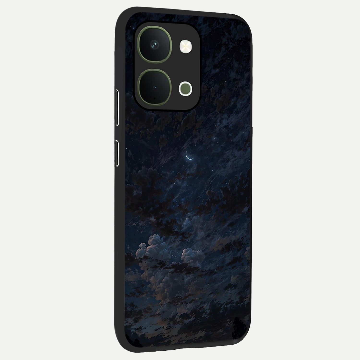 Lunar Veil Silence Glass Case upright view showcasing calm moon themed artwork with serene night atmosphere.