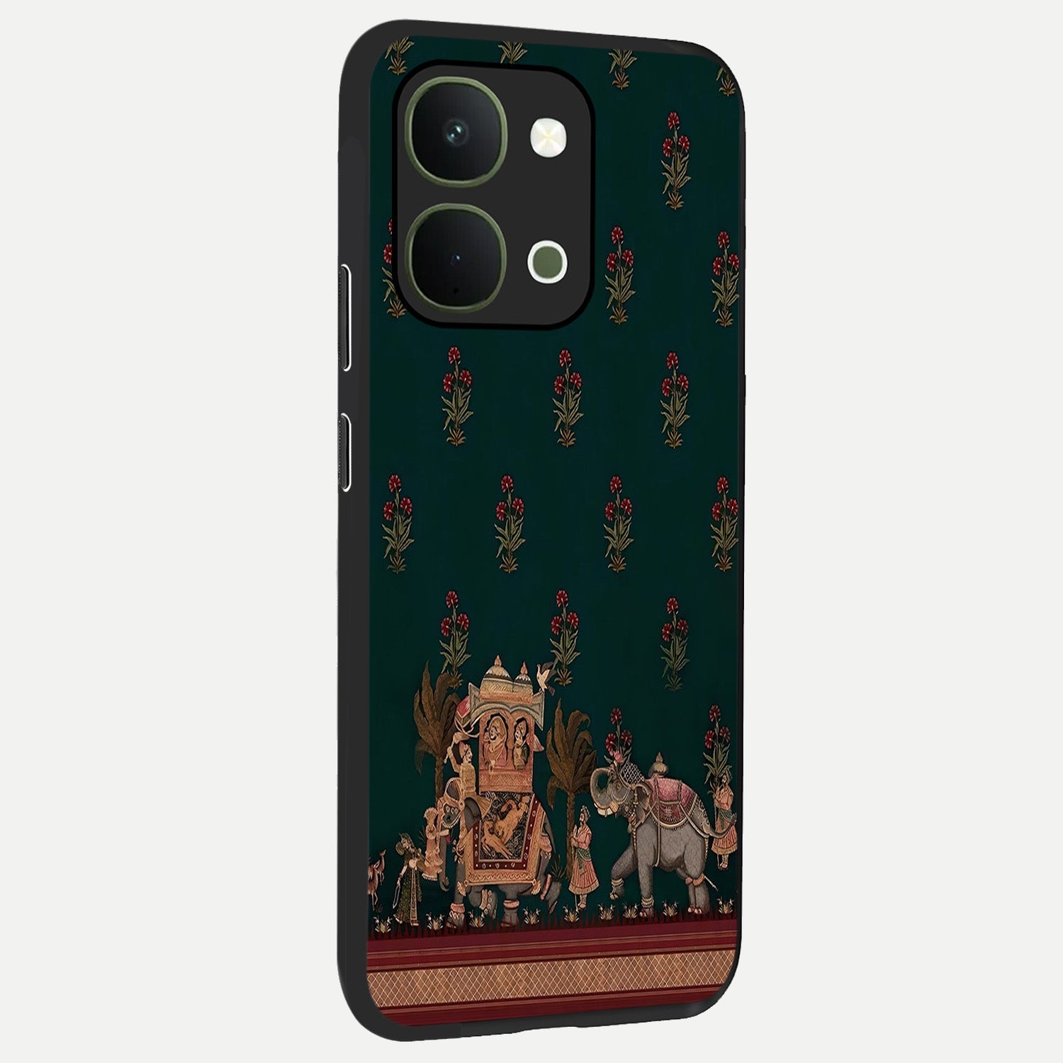 Macmerise Glass Case upright view showcasing bold artistic artwork with contemporary design theme.