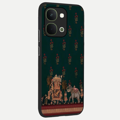 Macmerise Glass Case upright view showcasing bold artistic artwork with contemporary design theme.