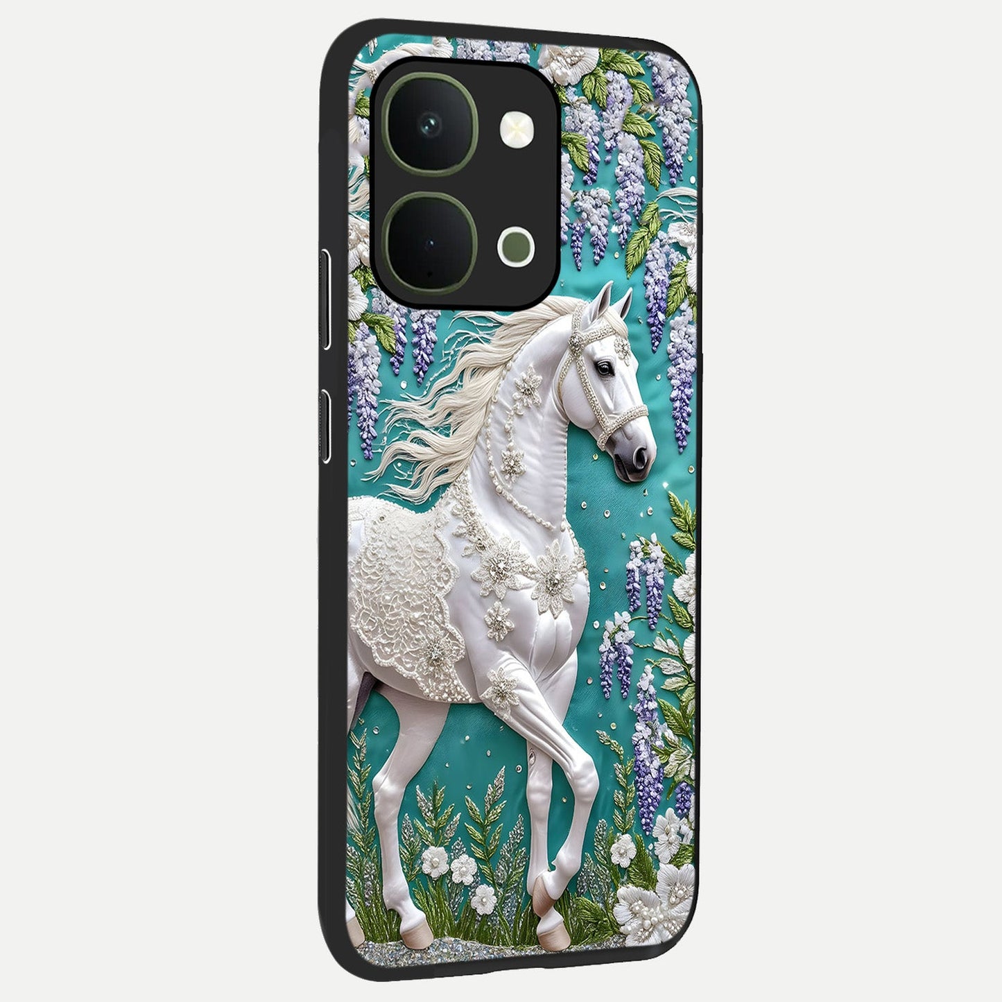 Majestic Floral Stallion Glass Case upright view showcasing dramatic horse artwork with decorative floral theme.