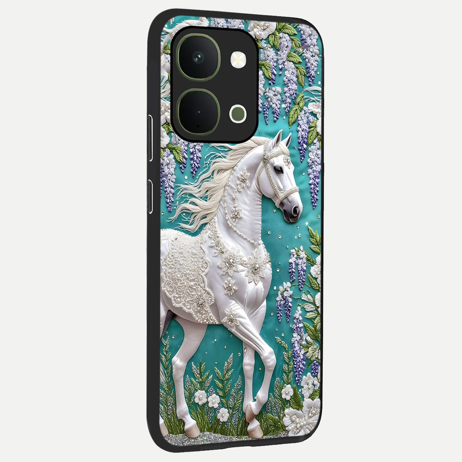 Majestic Floral Stallion Glass Case upright view showcasing dramatic horse artwork with decorative floral theme.