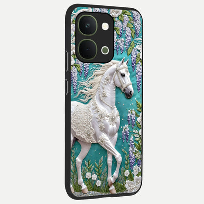 Majestic Floral Stallion Glass Case upright view showcasing dramatic horse artwork with decorative floral theme.