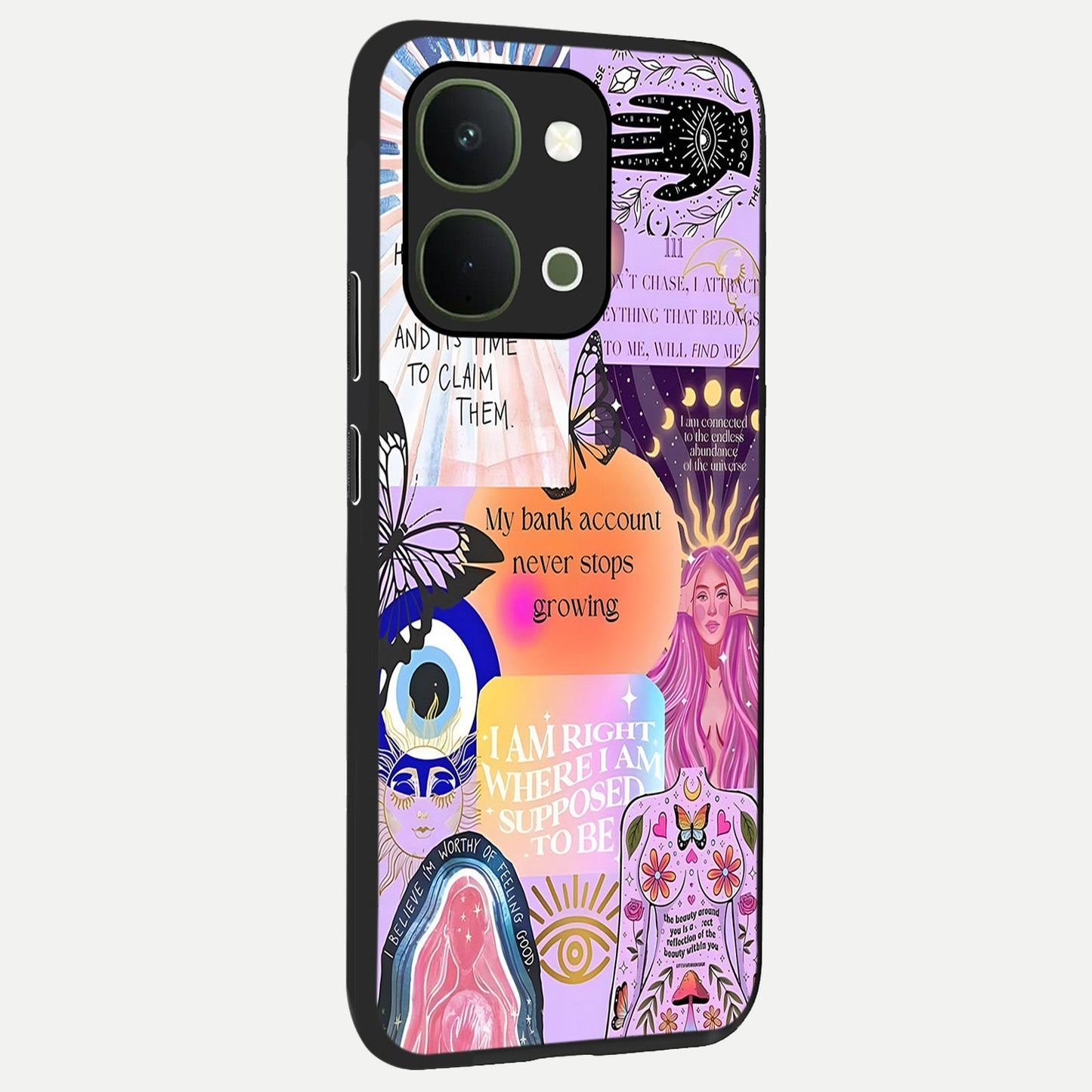 Manifestation Collage Glass Case upright view showcasing artistic manifestation themed artwork with creative style.