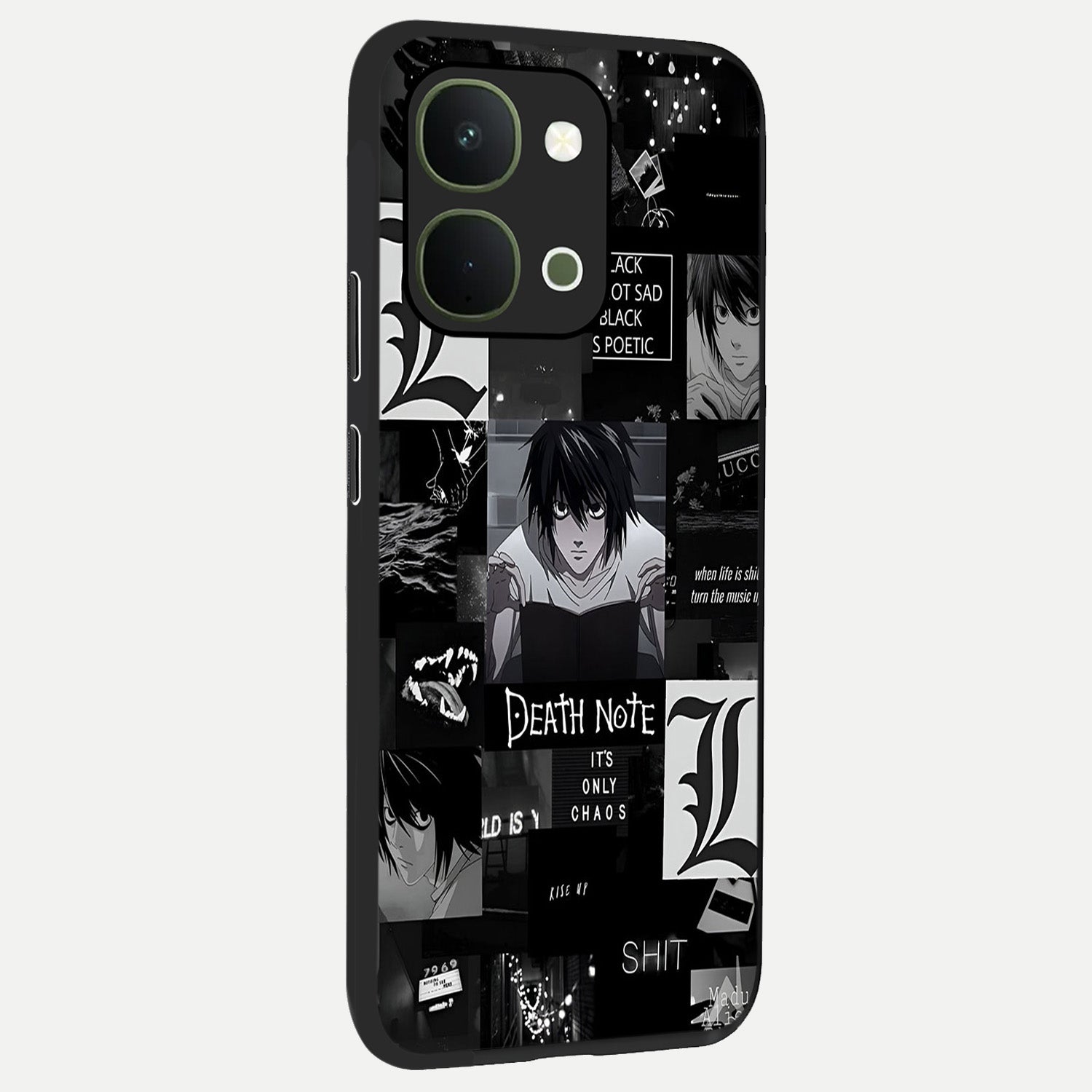Midnight Chaos Mind Glass Case upright view showcasing expressive abstract artwork with bold dark theme.