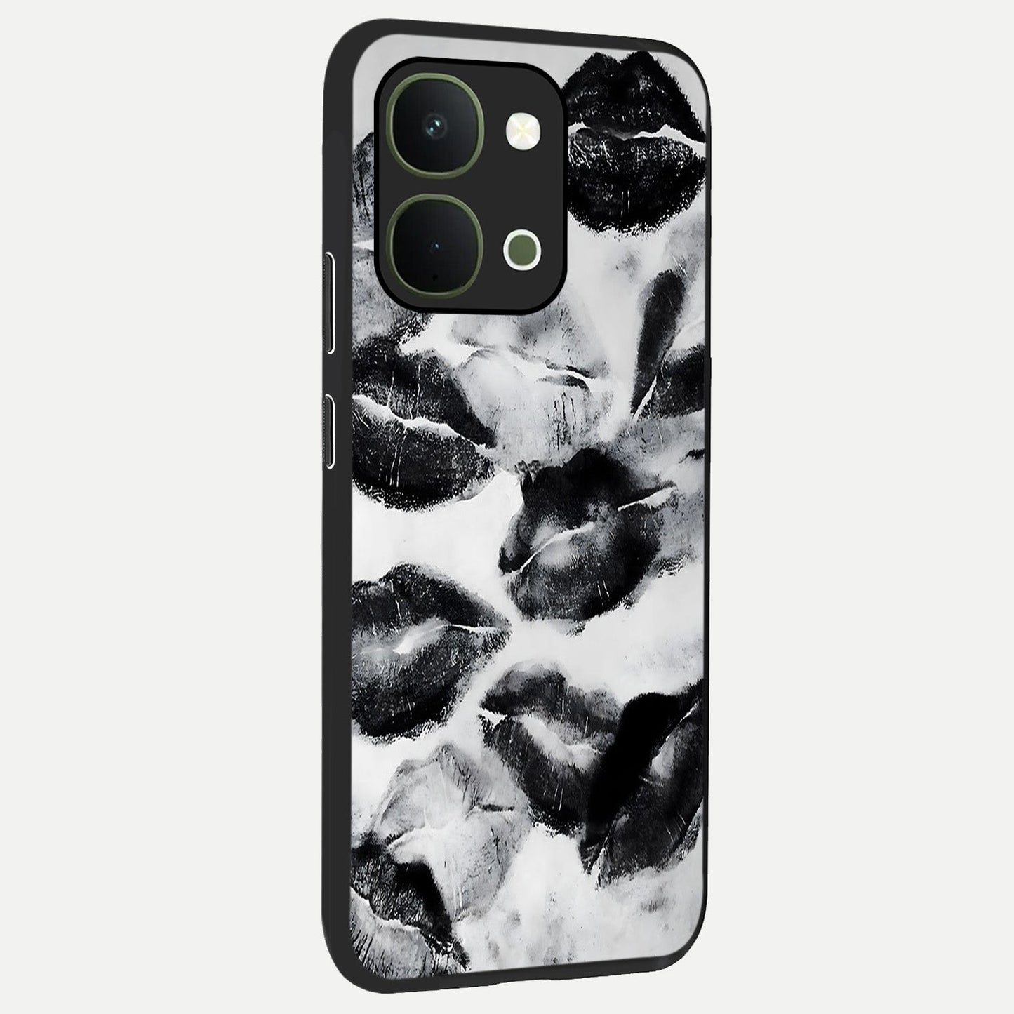 Midnight Kiss Marks Glass Case upright view showcasing stylish kiss mark artwork with trendy romantic theme.