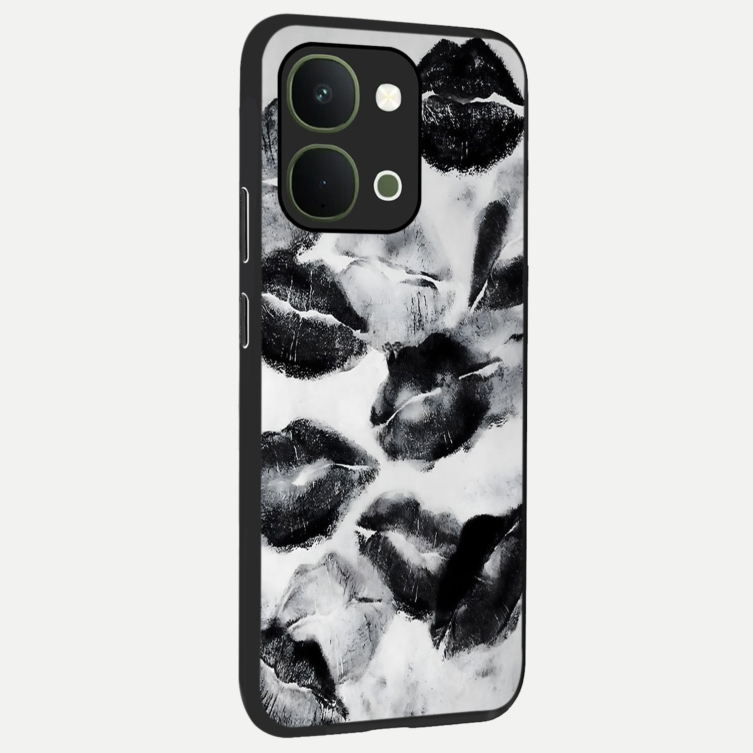 Midnight Kiss Marks Glass Case upright view showcasing stylish kiss mark artwork with trendy romantic theme.