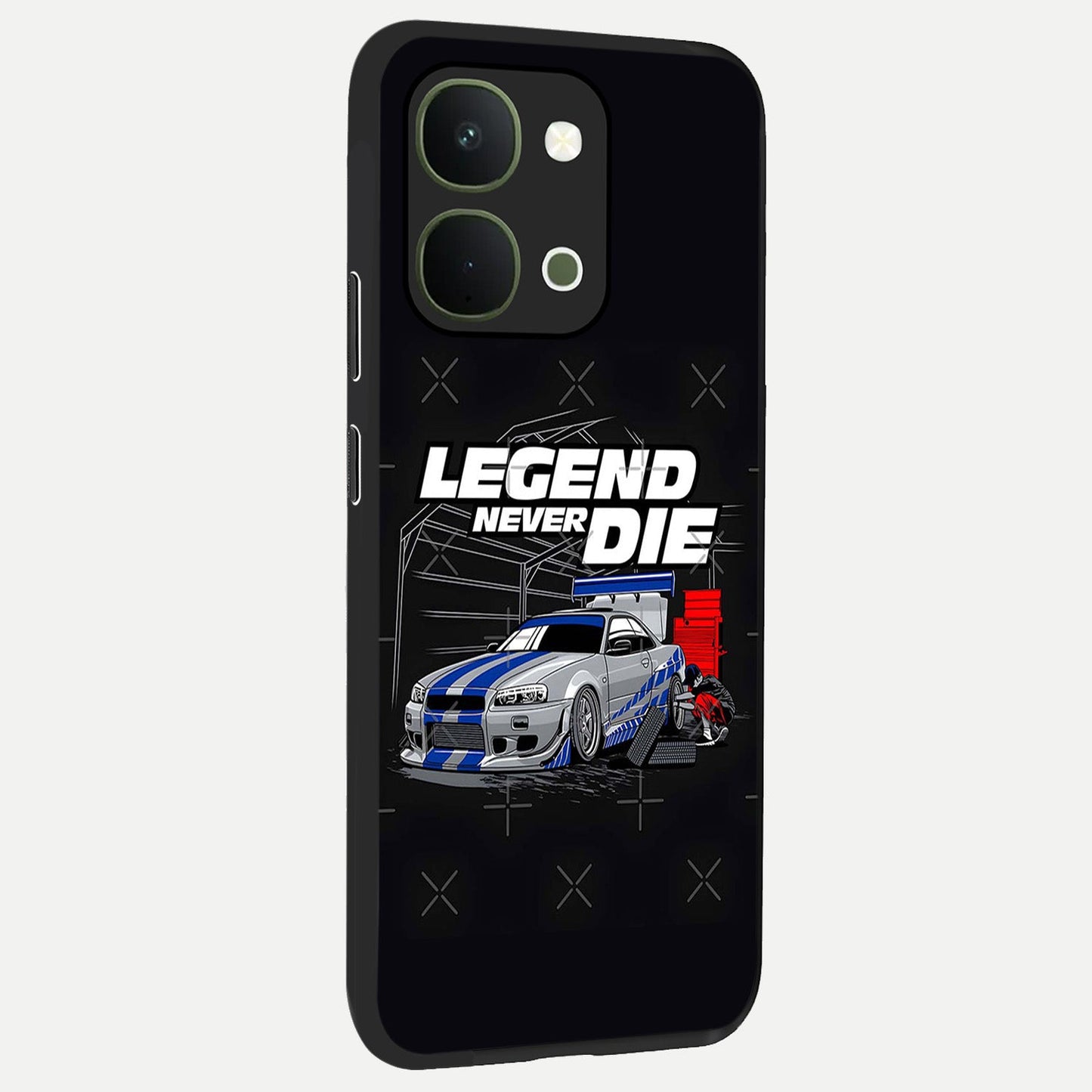 Midnight Racing Legacy Glass Case upright view showcasing powerful racing artwork with modern sports theme.