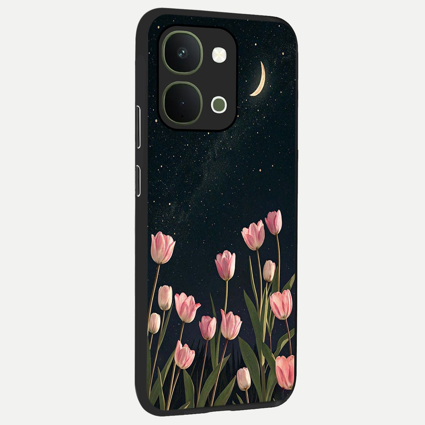 Midnight Tulip Whispers Vibe Glass Case upright view showcasing graceful tulip artwork with calm botanical theme.