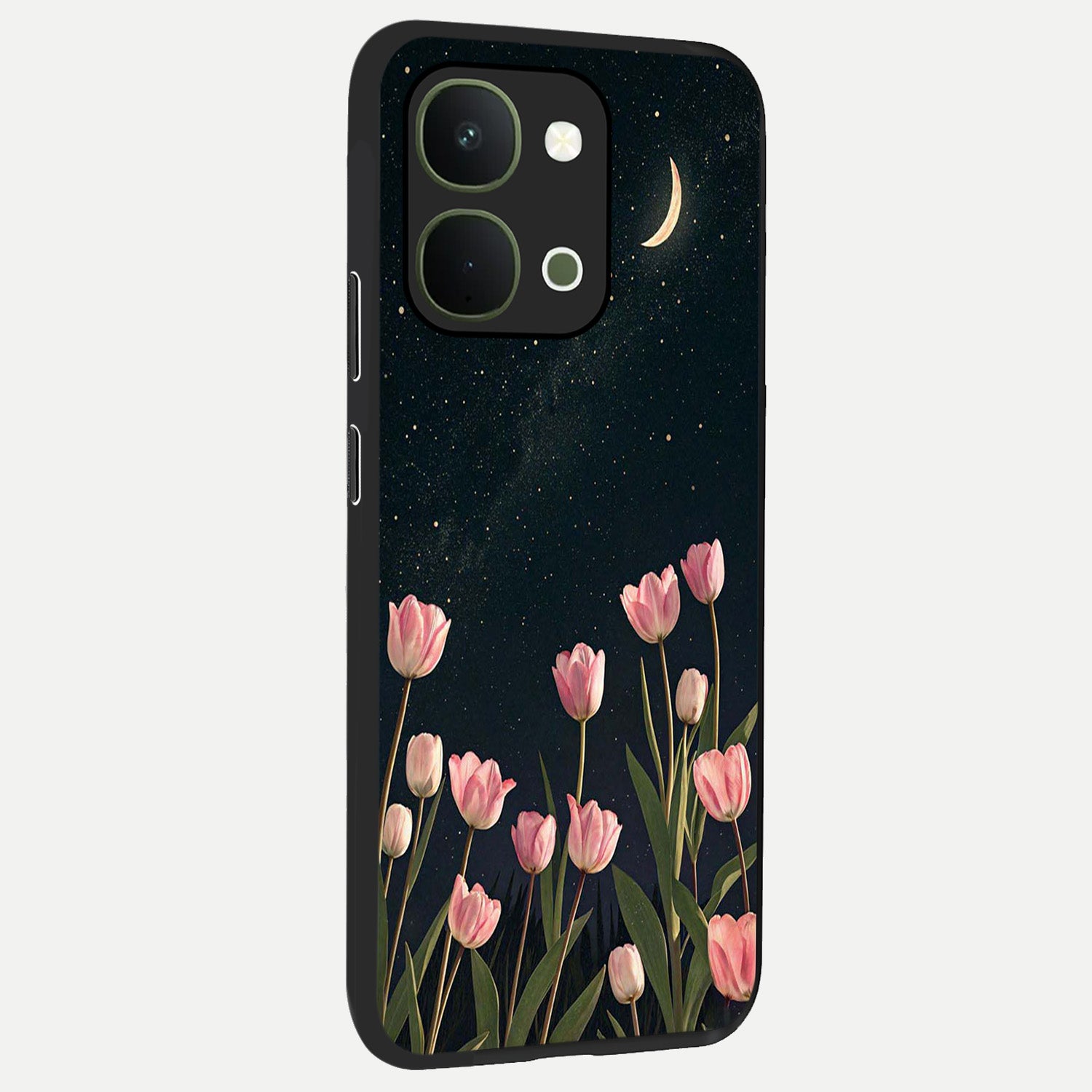 Midnight Tulip Whispers Vibe Glass Case upright view showcasing graceful tulip artwork with calm botanical theme.