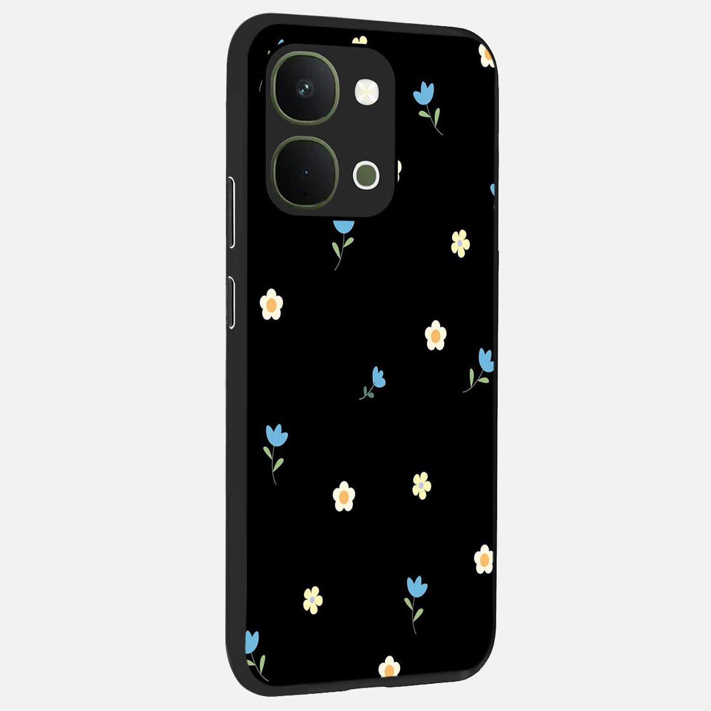 Minimal Petal Whispers Glass Case upright view showcasing elegant floral artwork with modern minimalist style.
